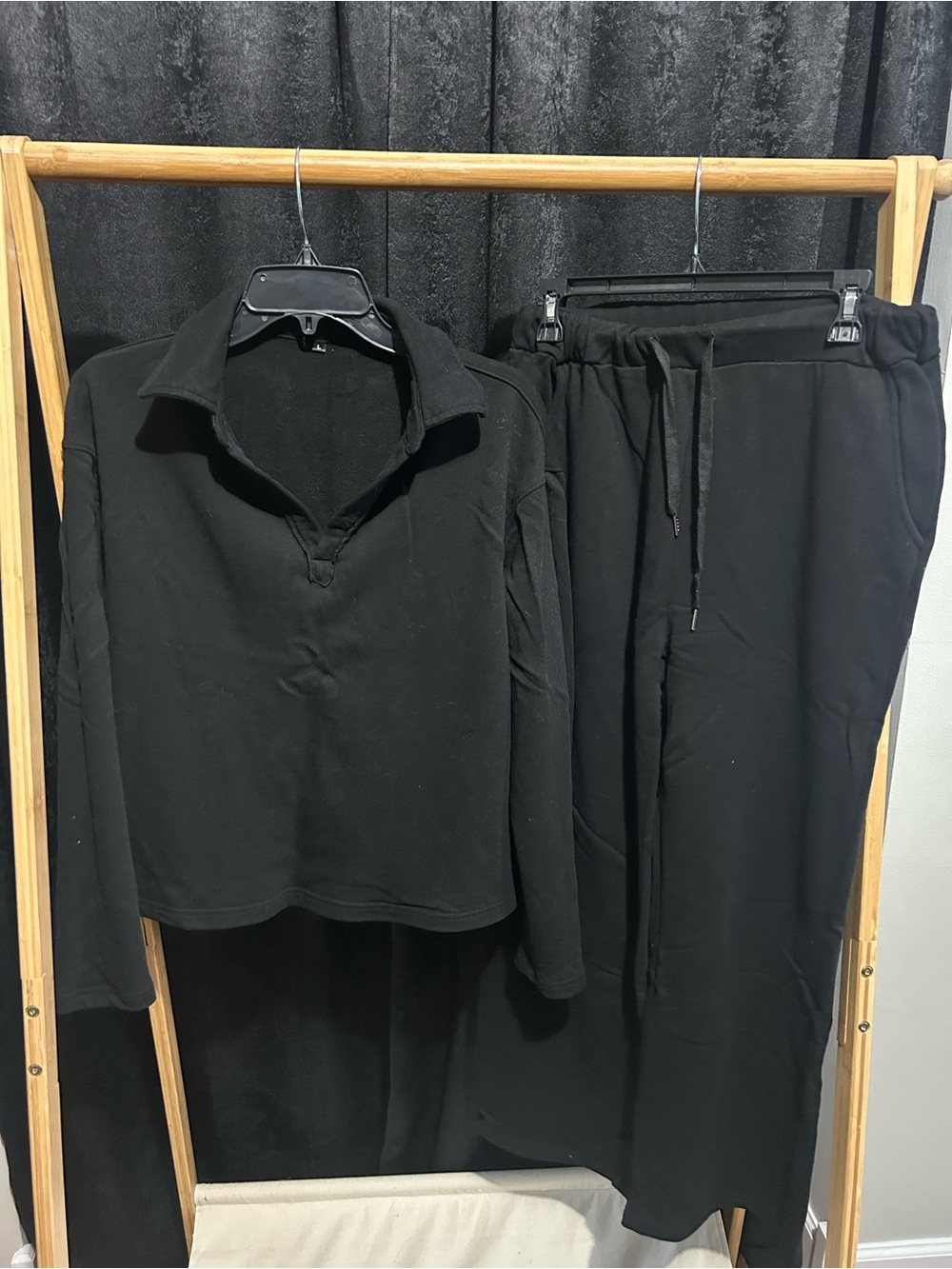 Black Two-Piece Lounge Set - Pullover Top & Drawstring Pants